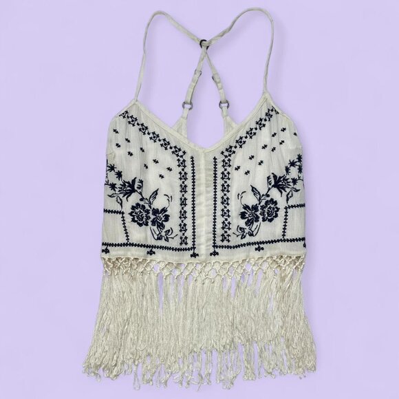 Hollister Cream & Navy Embroidered Fringe Tank Top – Size XS - Picture 1 of 8